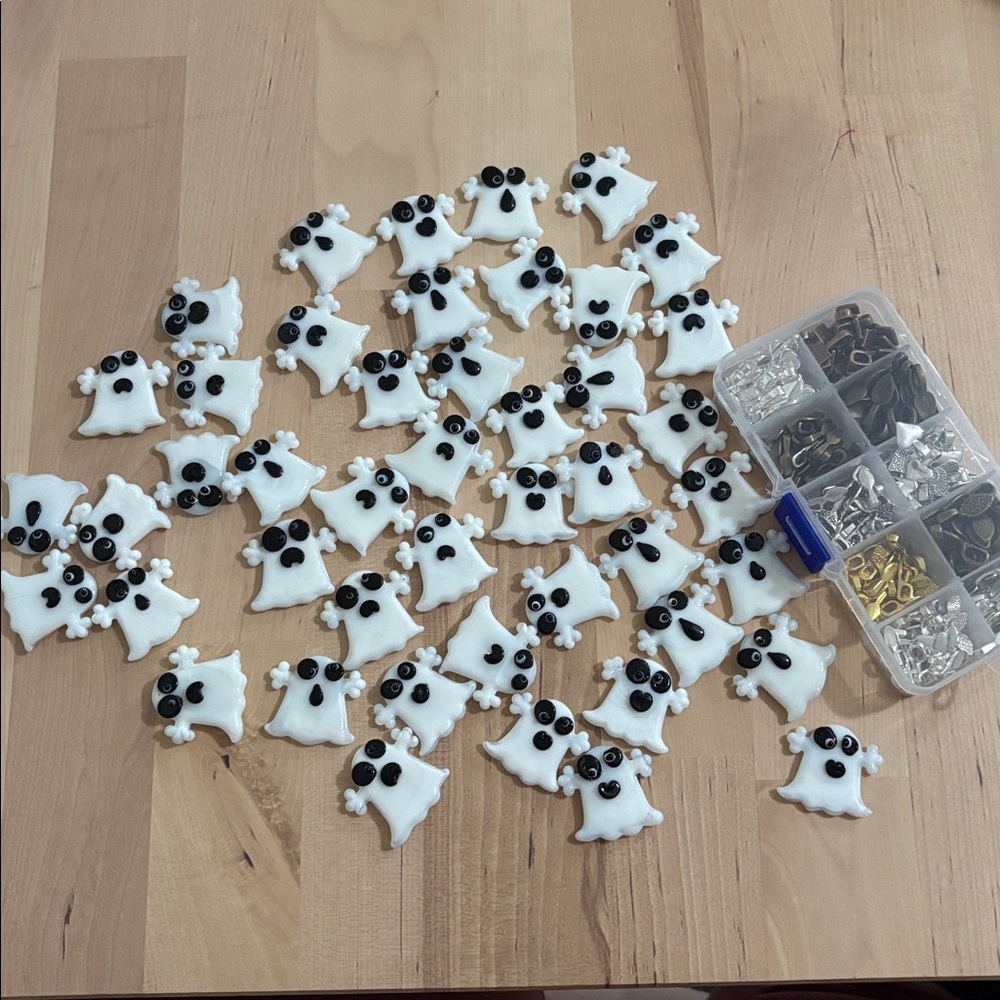 Halloween Ghost Shaped Glass Charms (46) with 200 glue on Bail Tags